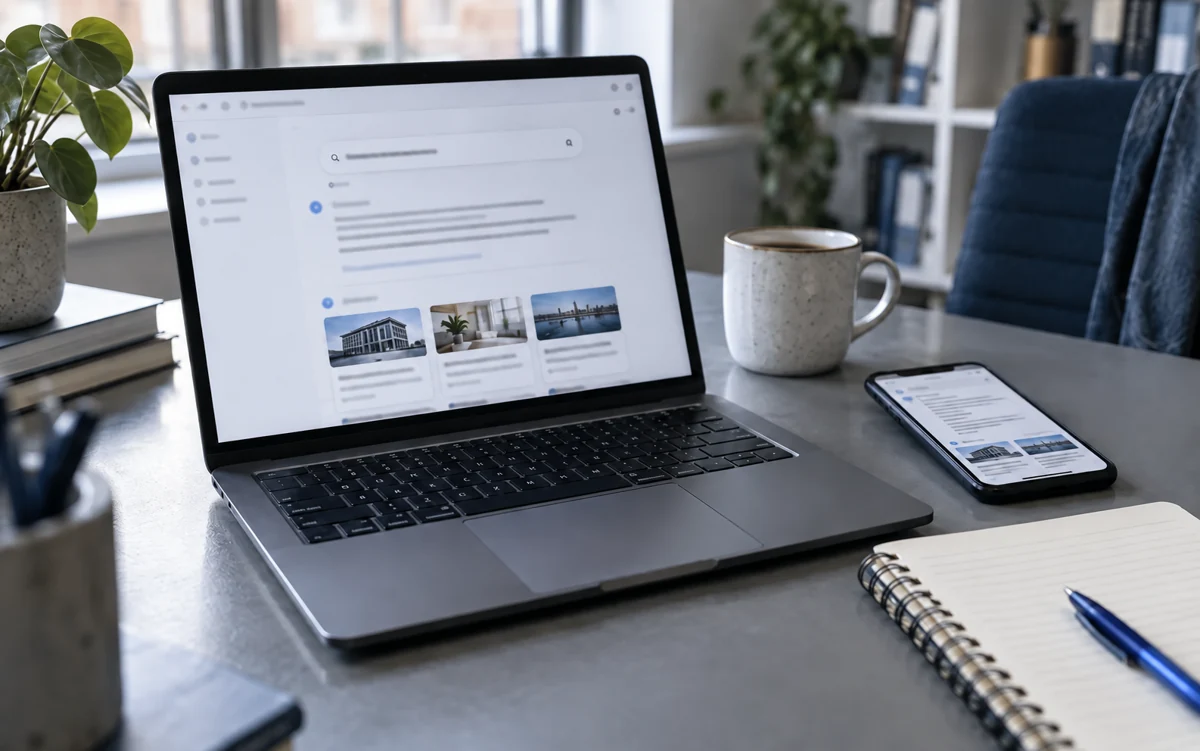 Laptop en telefoon met een illustratieve zoekinterface met antwoorden en bronverwijzingen.