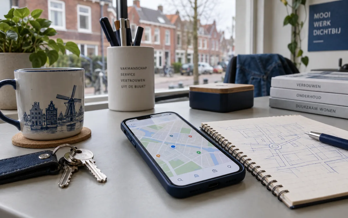 Smartphone met een kaart naast een notitieboek met een getekend stratenplan.