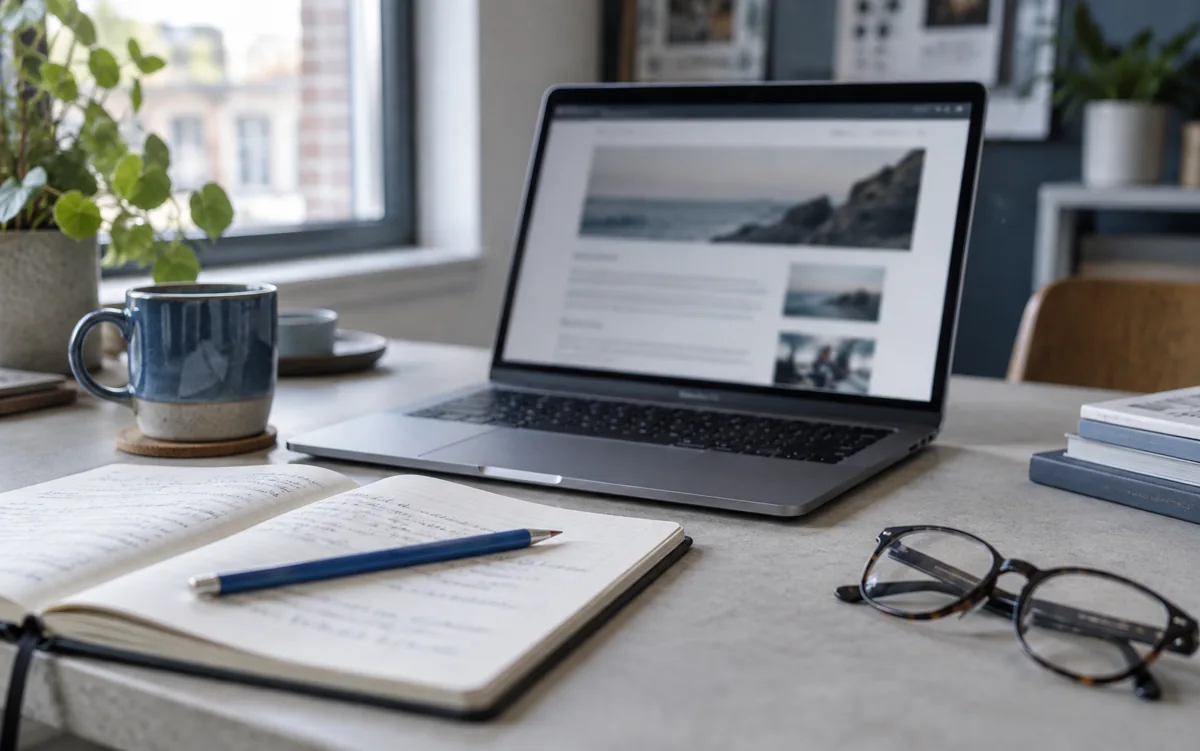 Laptop met een website, een notitieboek en een bril op een bureau.