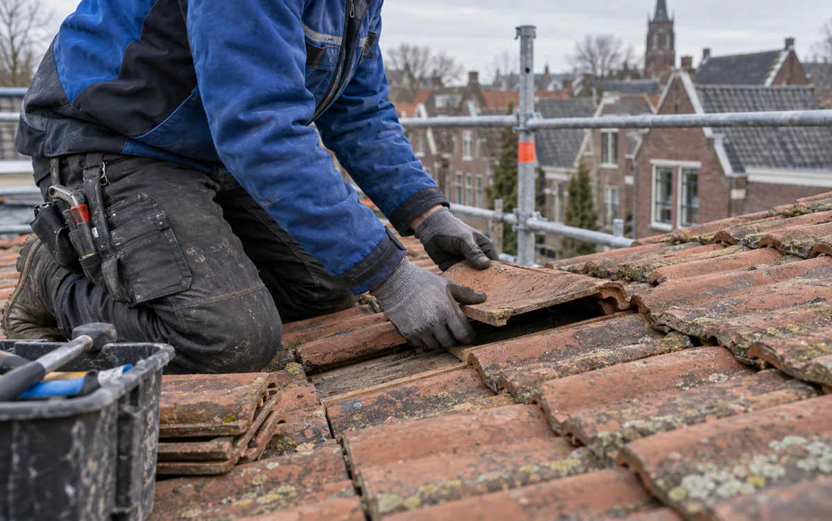 Dakdekker controleert een dakpan op een pannendak met een steiger ernaast.