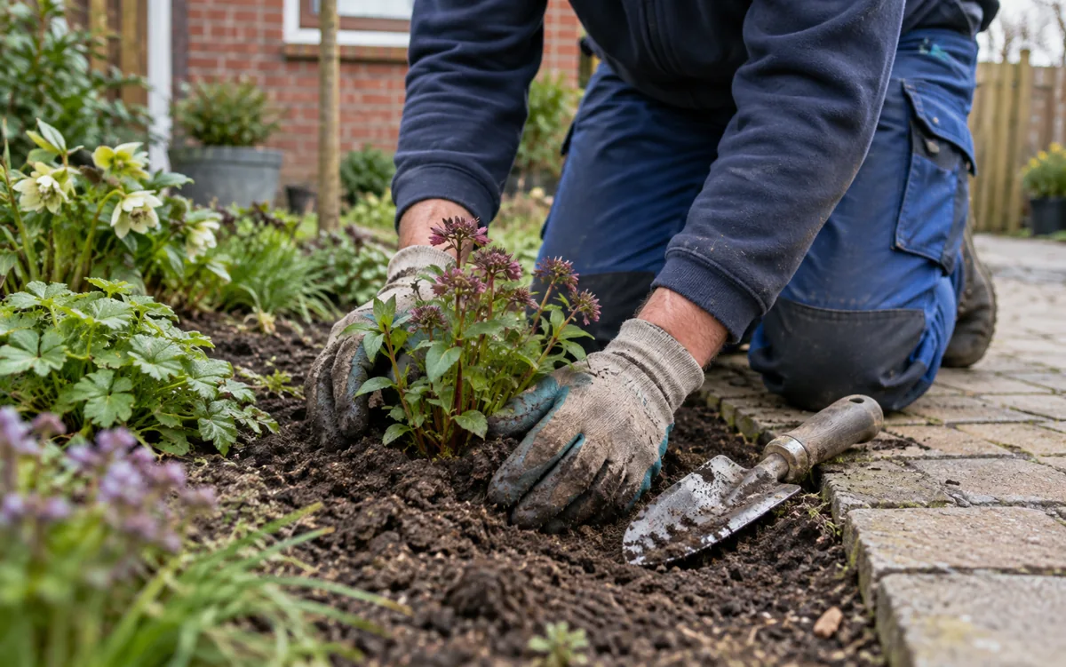 Hovenier zet een vaste plant in een border naast een tuinpad.