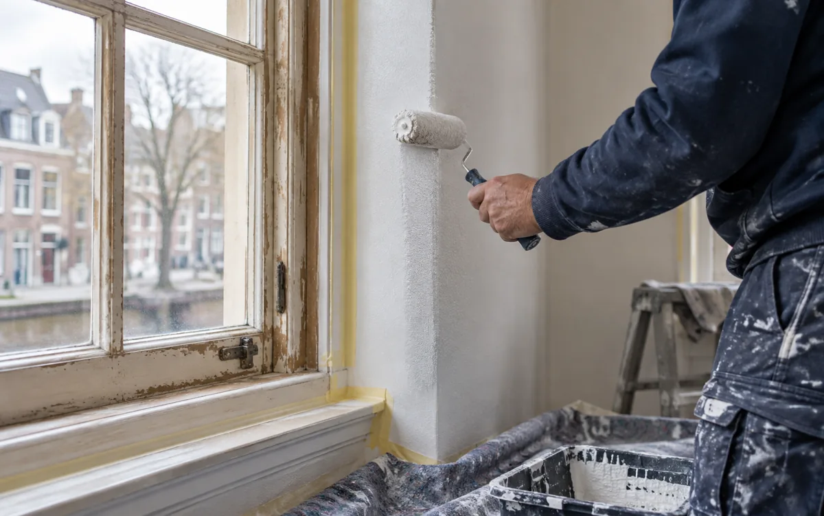 Schilder brengt met een roller witte verf aan naast een houten raamkozijn.